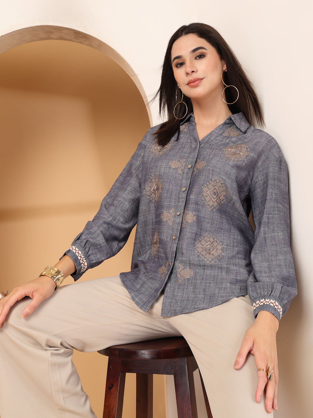 Thirty Threads Womens Brown Ethnic Motifs Collar Neck Long Sleeve Regular Length Shirt