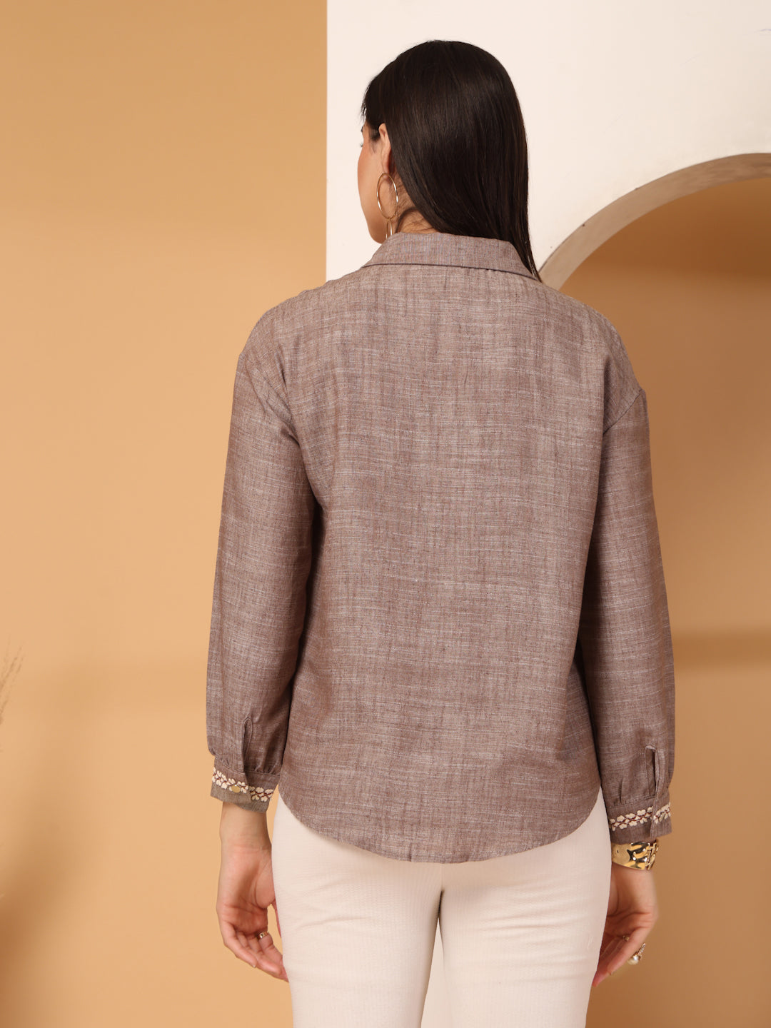 Thirty Threads Womens Brown Ethnic Motifs Collar Neck Long Sleeve Regular Length Shirt