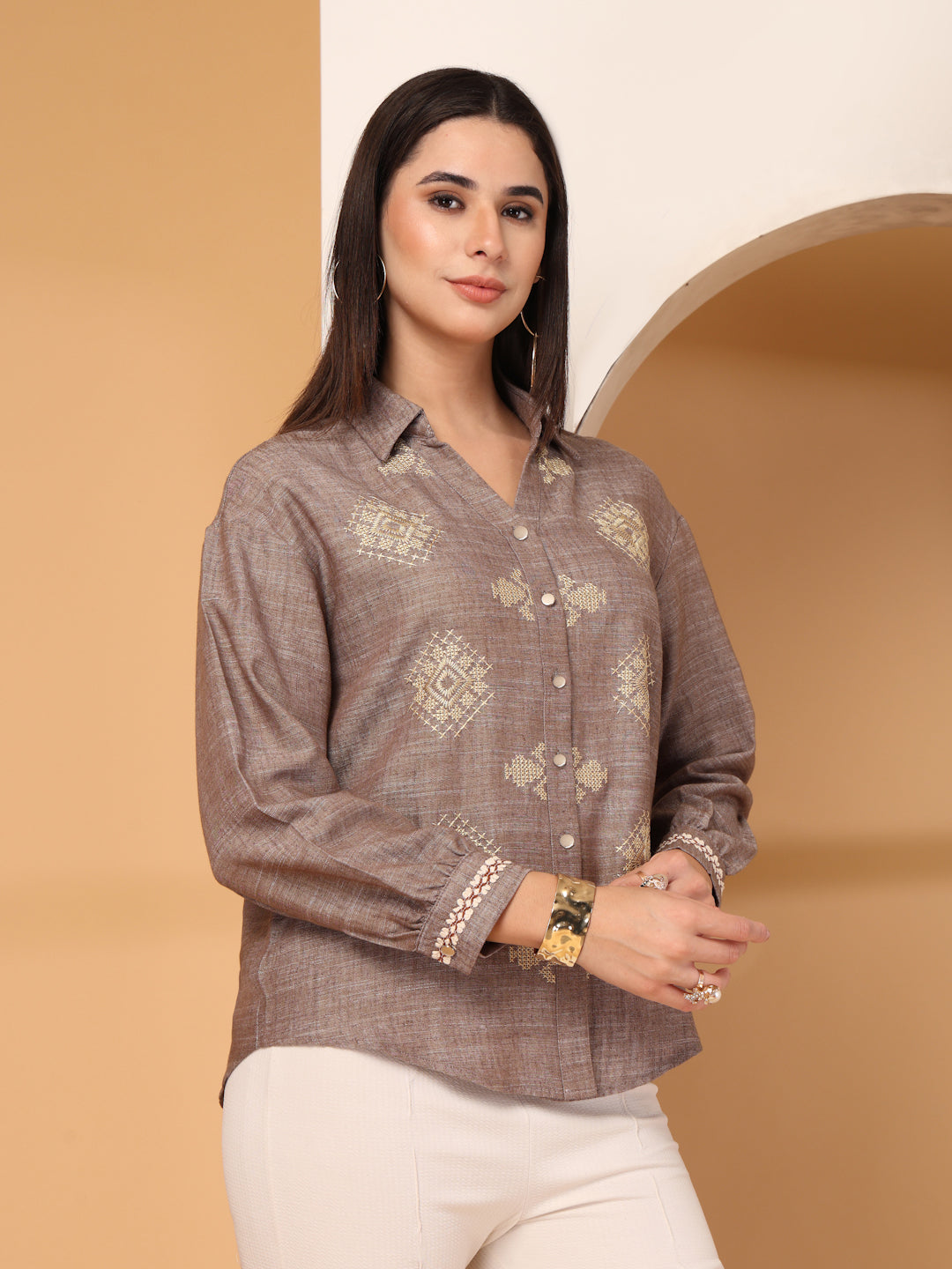 Thirty Threads Womens Brown Ethnic Motifs Collar Neck Long Sleeve Regular Length Shirt