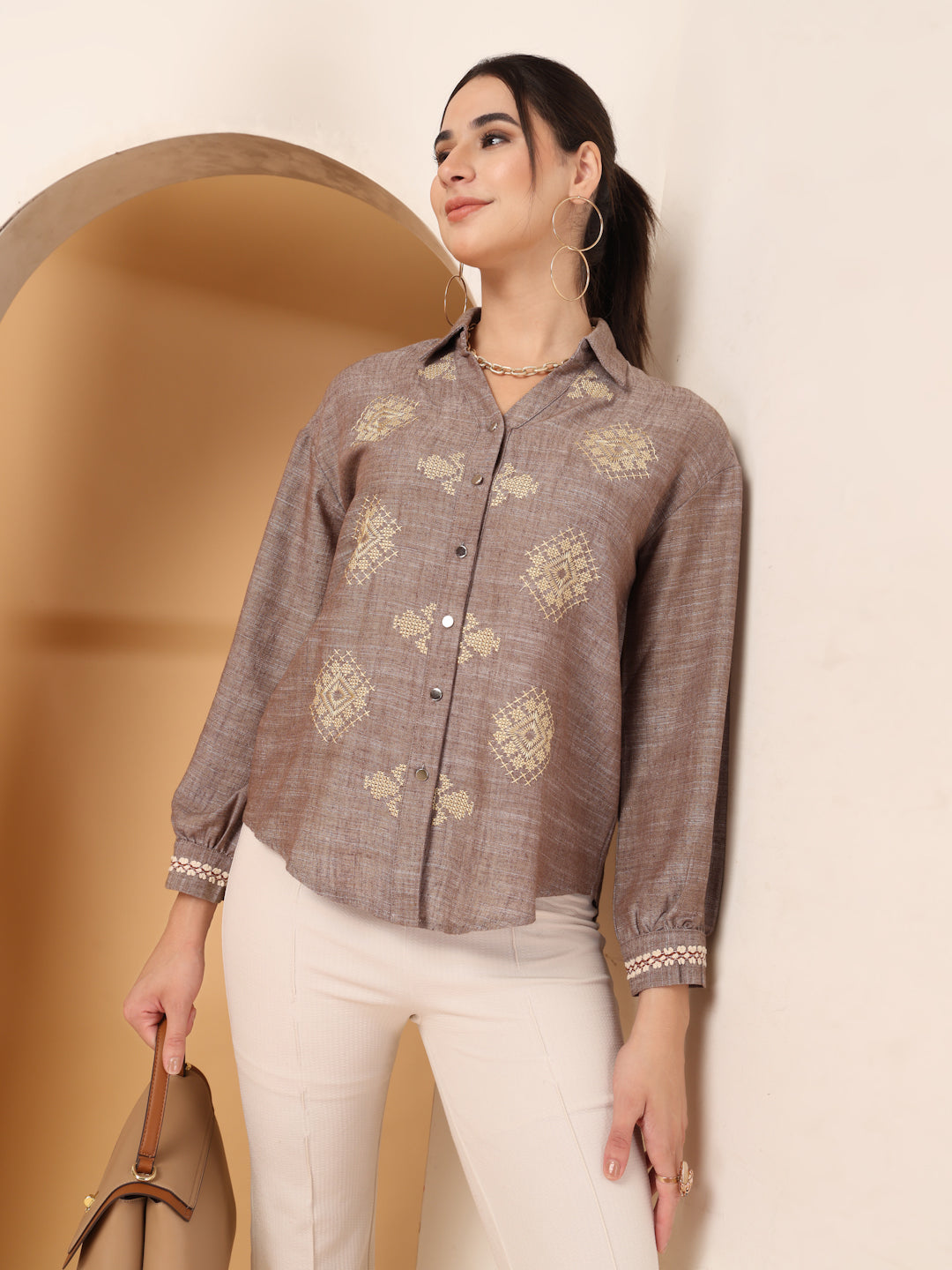 Thirty Threads Womens Blue Ethnic Motifs Collar Neck Long Sleeve Regular Length Shirt