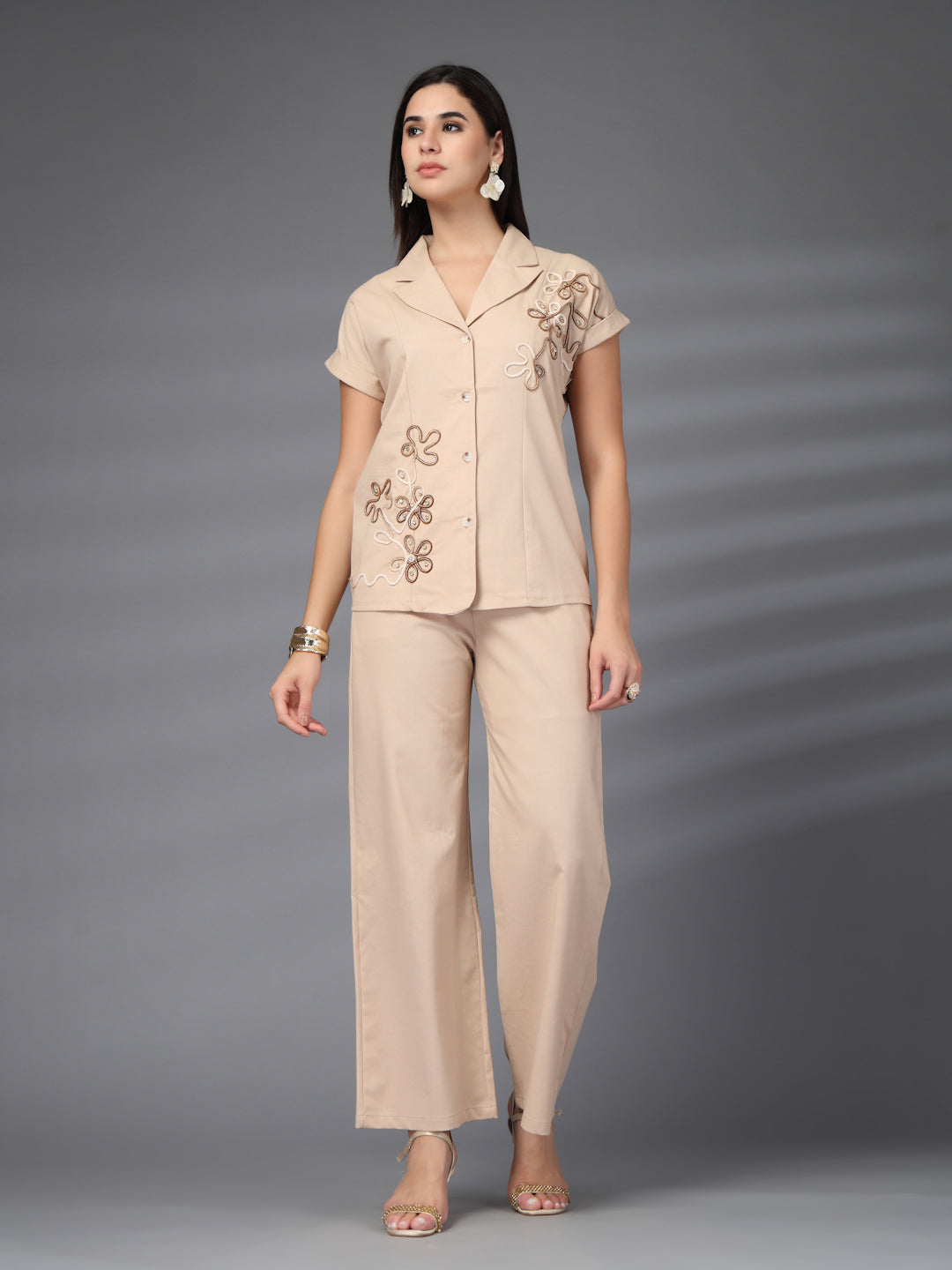 Thirty Threads Womens Beige Embroidered Lepal Neck Regular Co-Ord Set