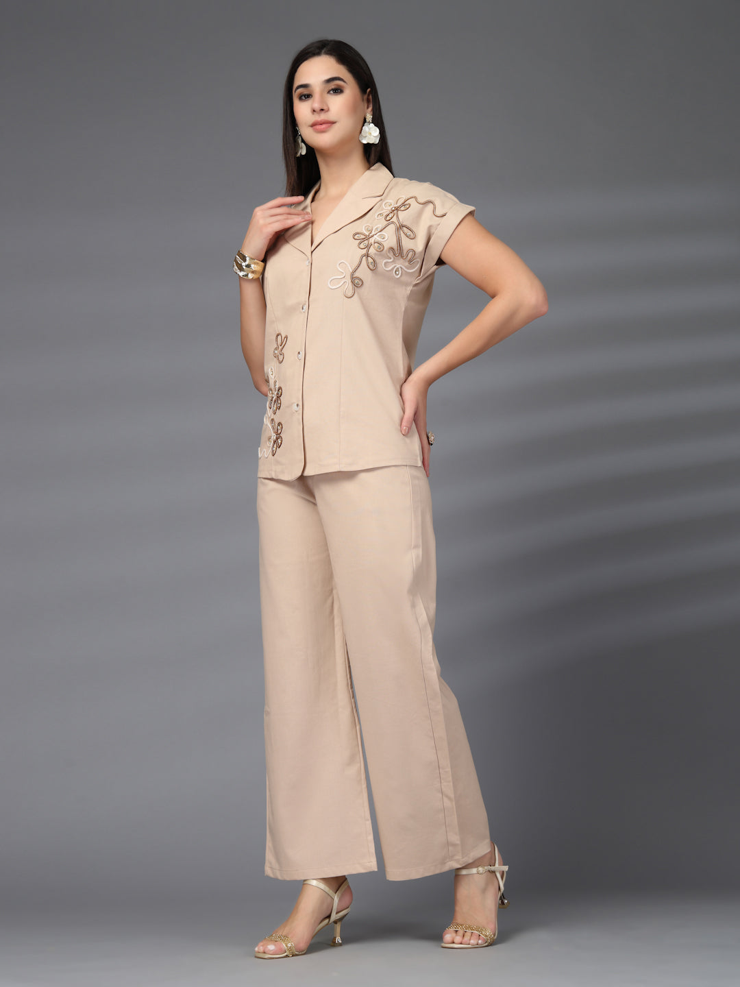 Thirty Threads Womens Beige Embroidered Lepal Neck Regular Co-Ord Set
