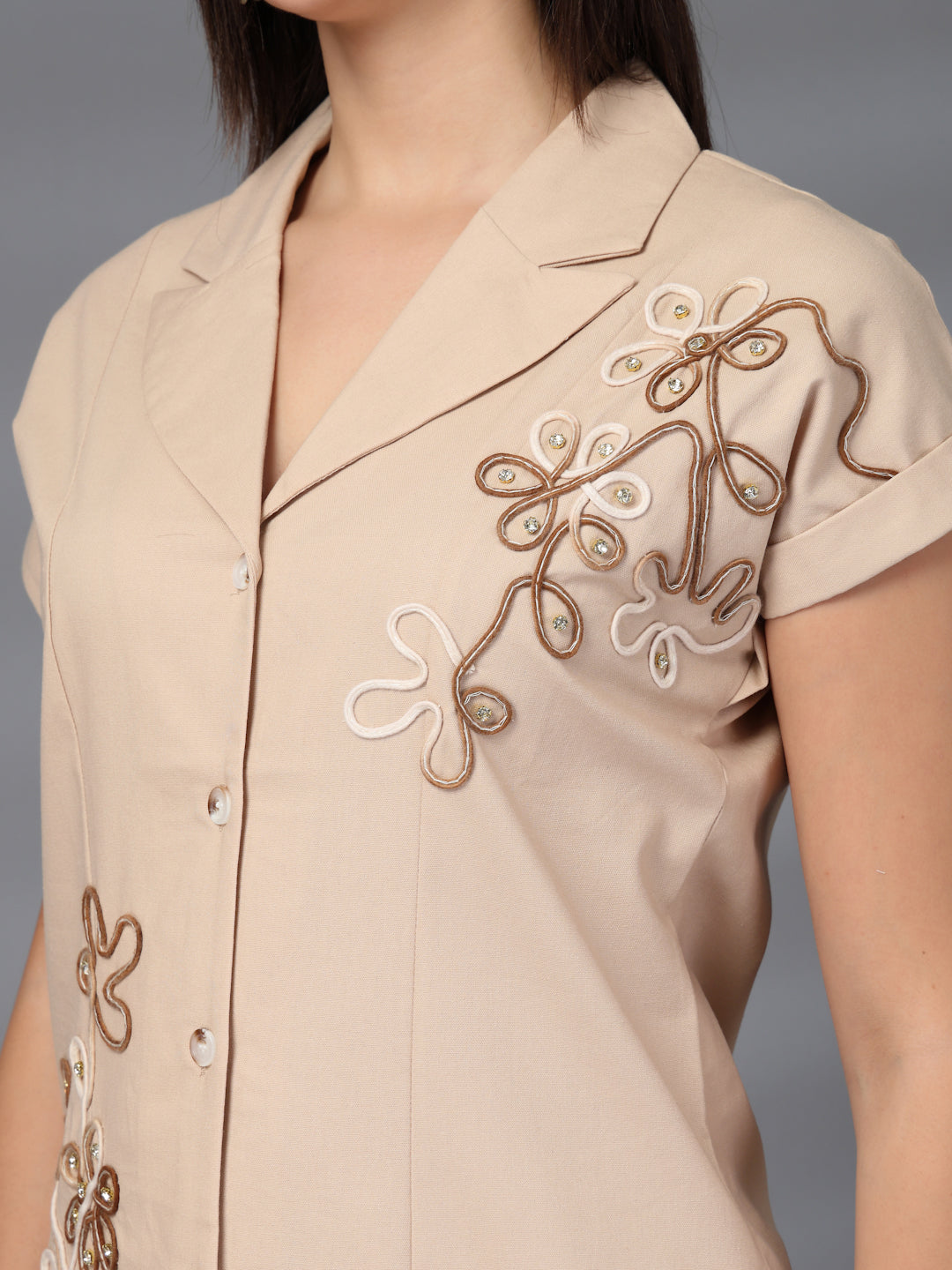 Thirty Threads Womens Beige Embroidered Lepal Neck Regular Co-Ord Set