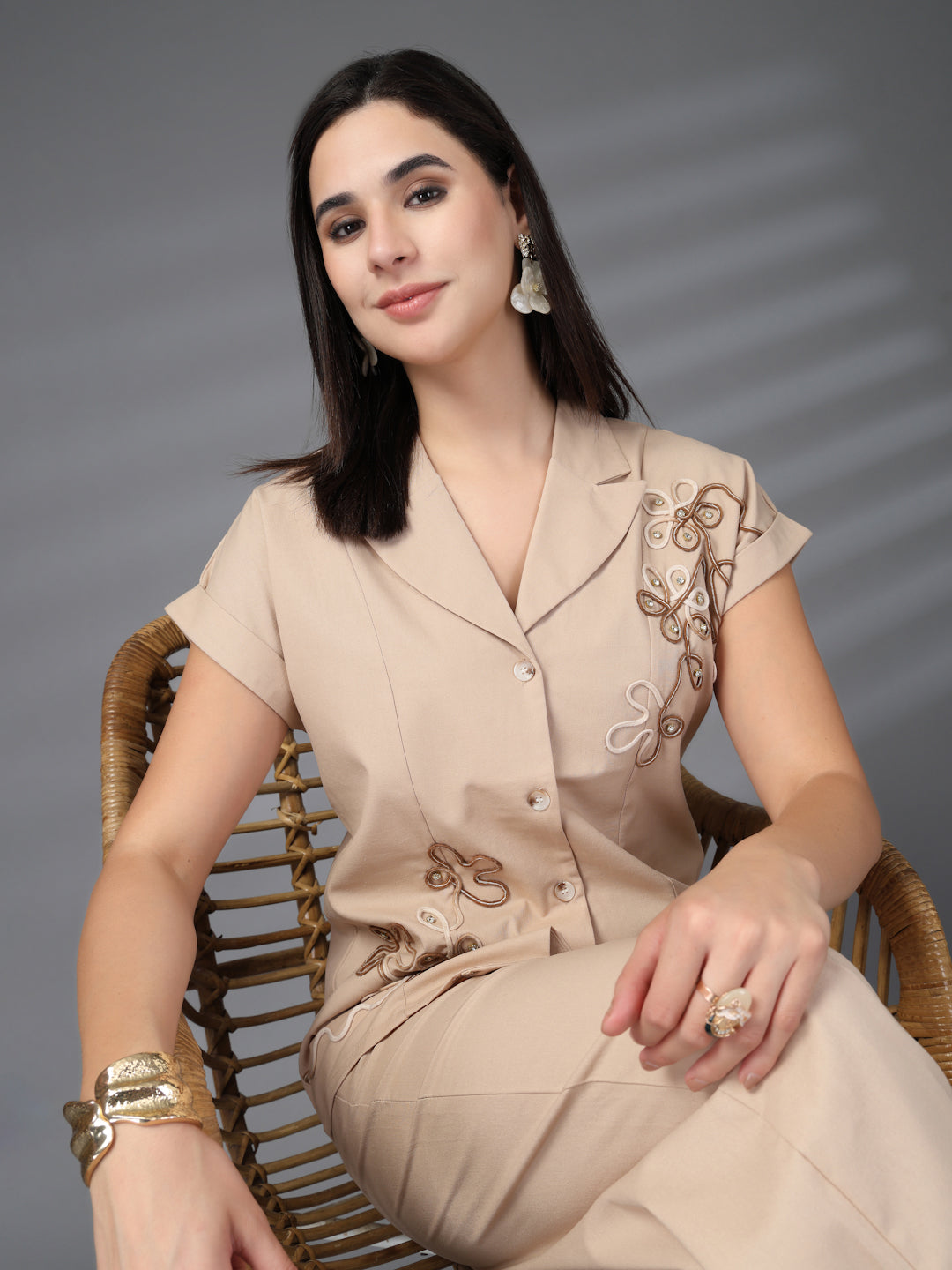 Thirty Threads Womens Beige Embroidered Lepal Neck Regular Co-Ord Set