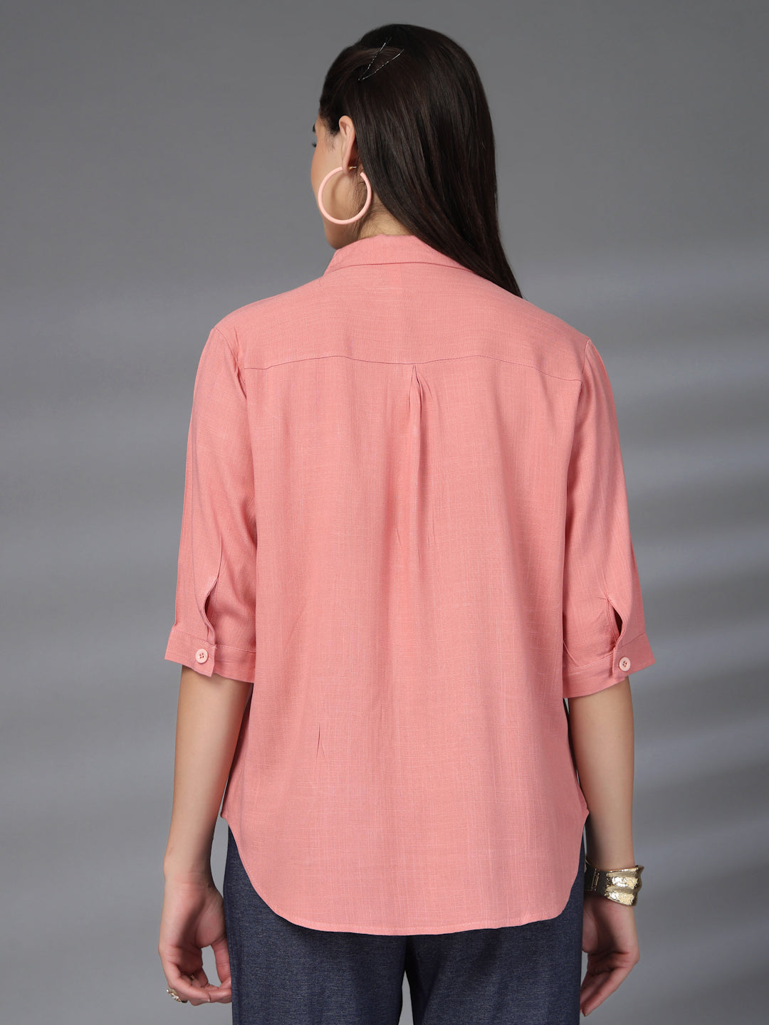 Thirty Threads Womens Peach Self Design Collar Neck 3/4 Sleeve Regular Length Shirt