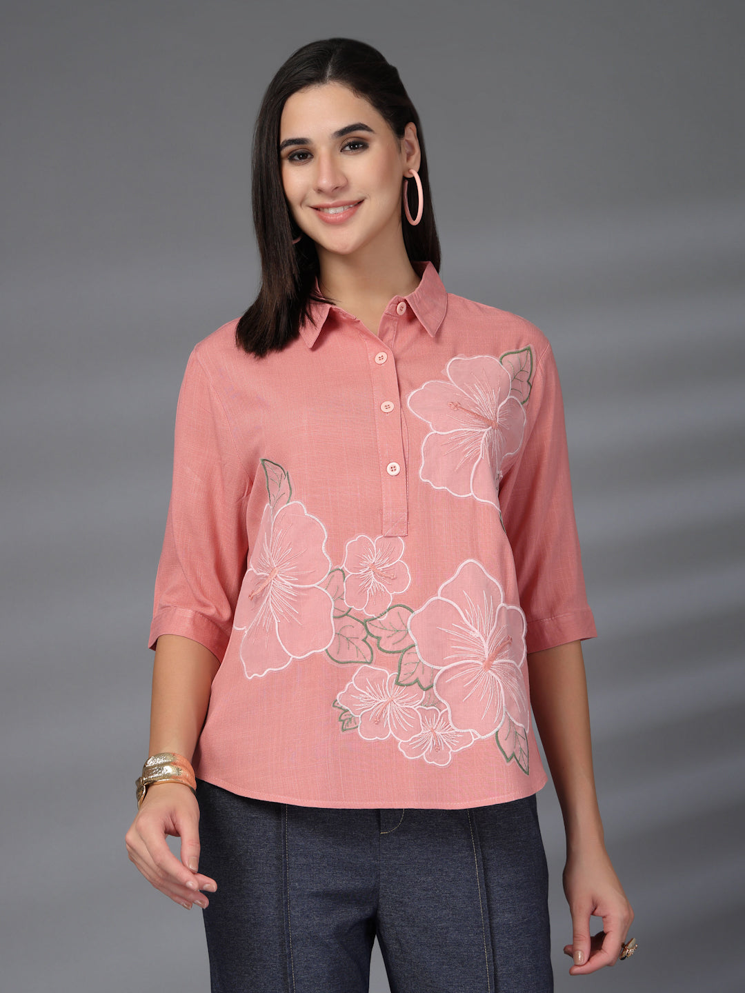 Thirty Threads Womens Peach Self Design Collar Neck 3/4 Sleeve Regular Length Shirt