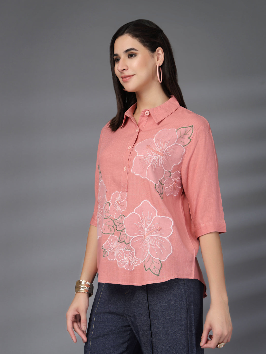 Thirty Threads Womens Peach Self Design Collar Neck 3/4 Sleeve Regular Length Shirt