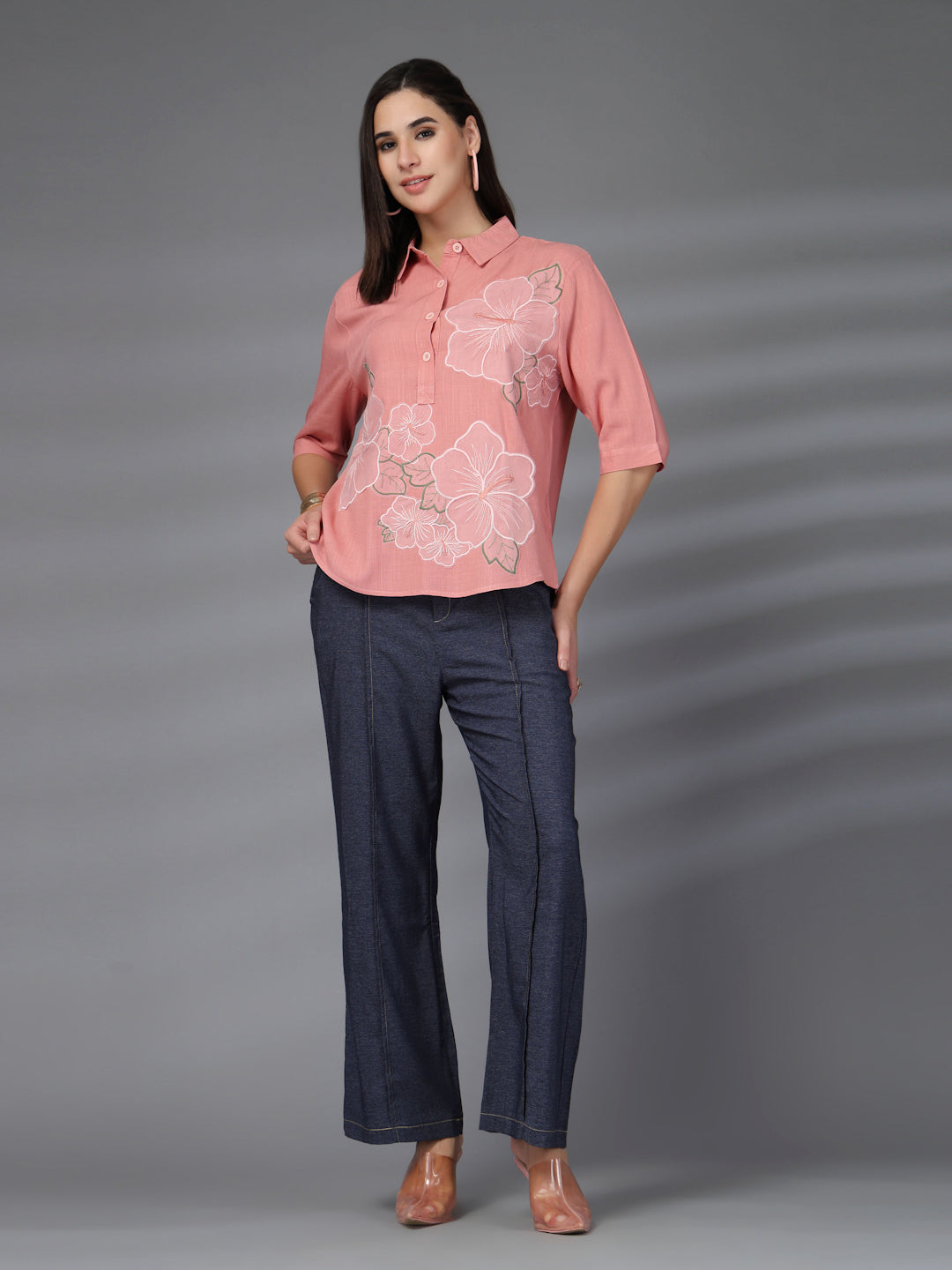 Thirty Threads Womens Beige Self Design Collar Neck 3/4 Sleeve Regular Length Shirt