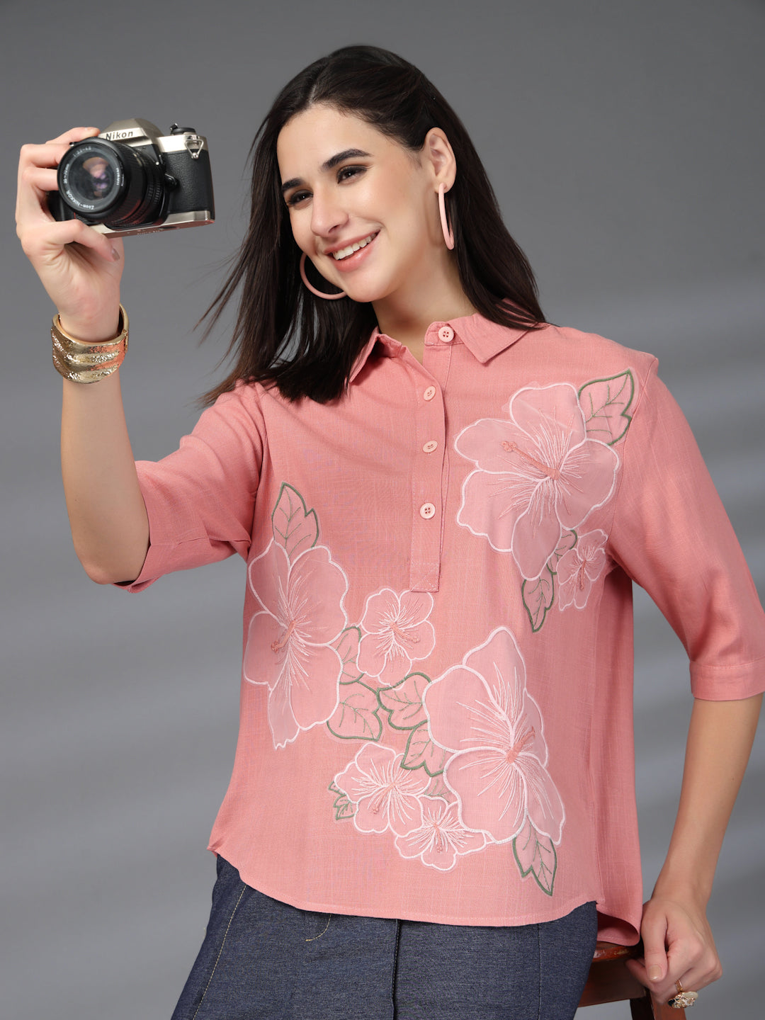 Thirty Threads Womens Beige Self Design Collar Neck 3/4 Sleeve Regular Length Shirt