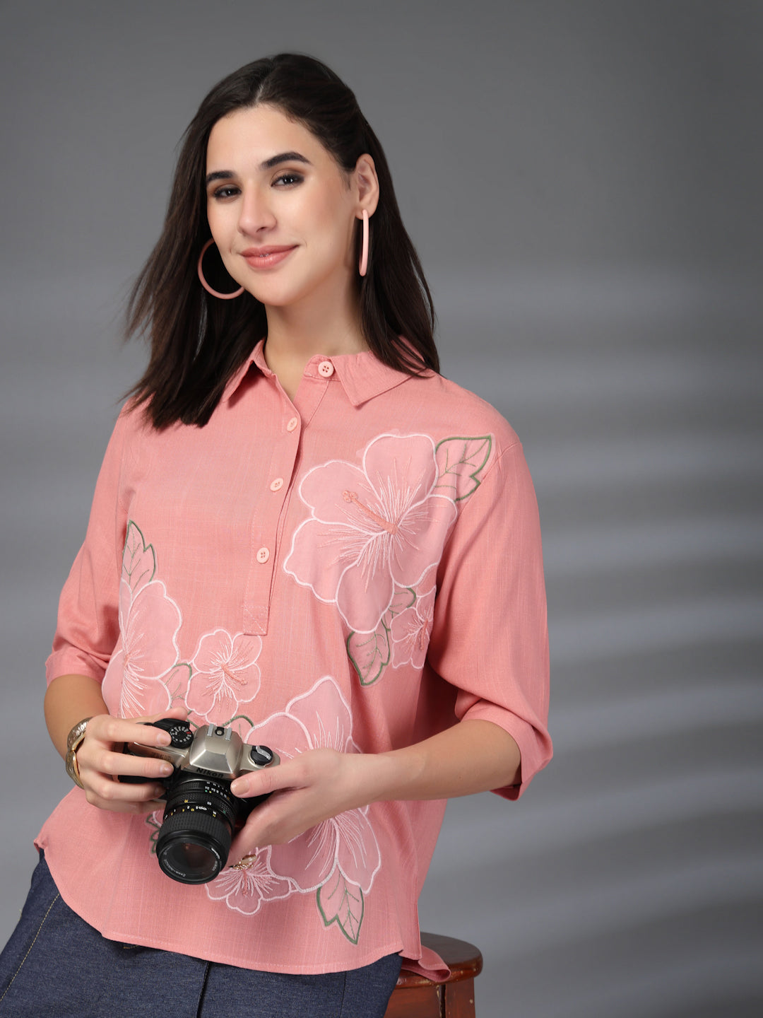 Thirty Threads Womens Peach Self Design Collar Neck 3/4 Sleeve Regular Length Shirt