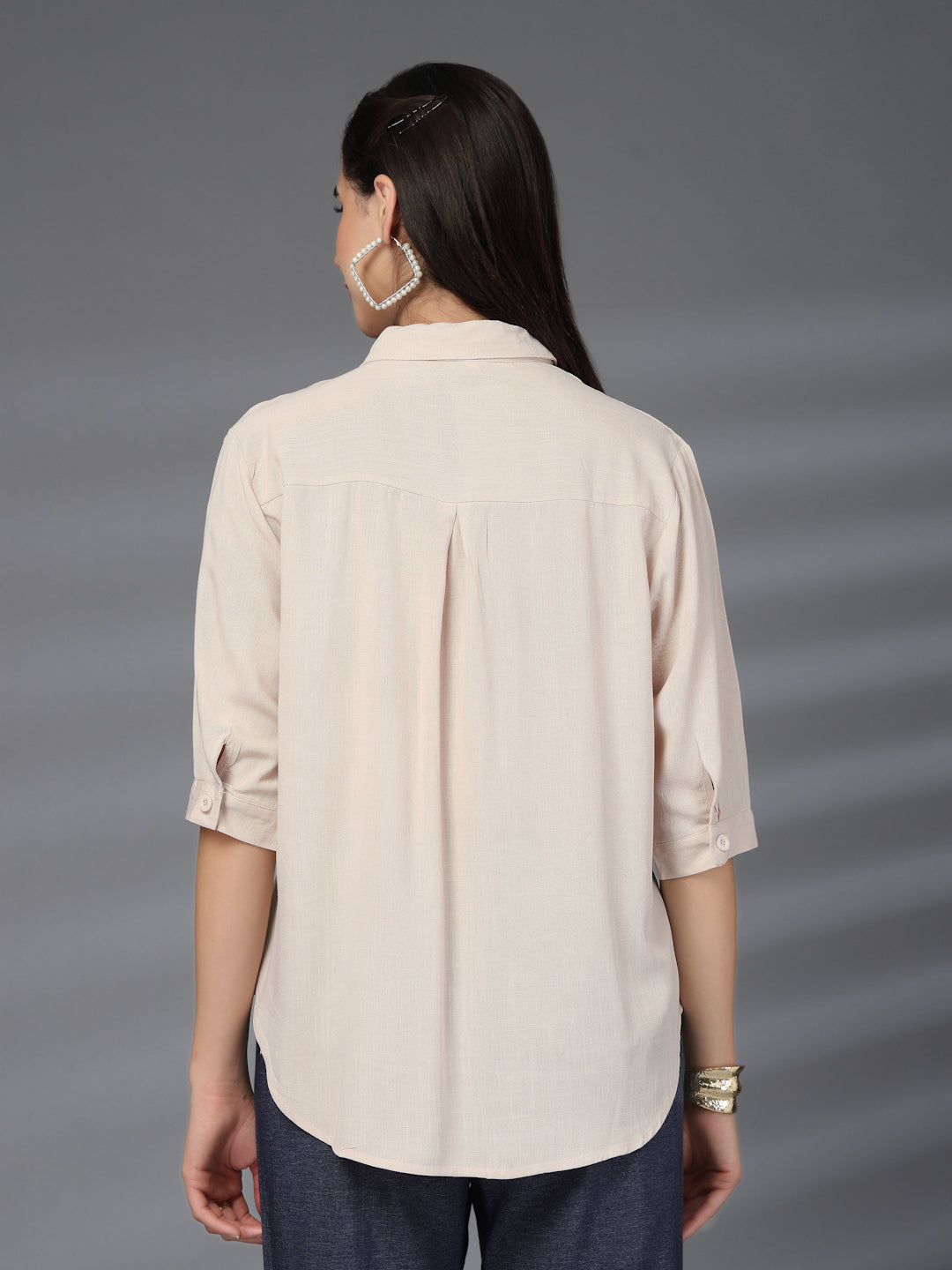 Thirty Threads Womens Beige Self Design Collar Neck 3/4 Sleeve Regular Length Shirt