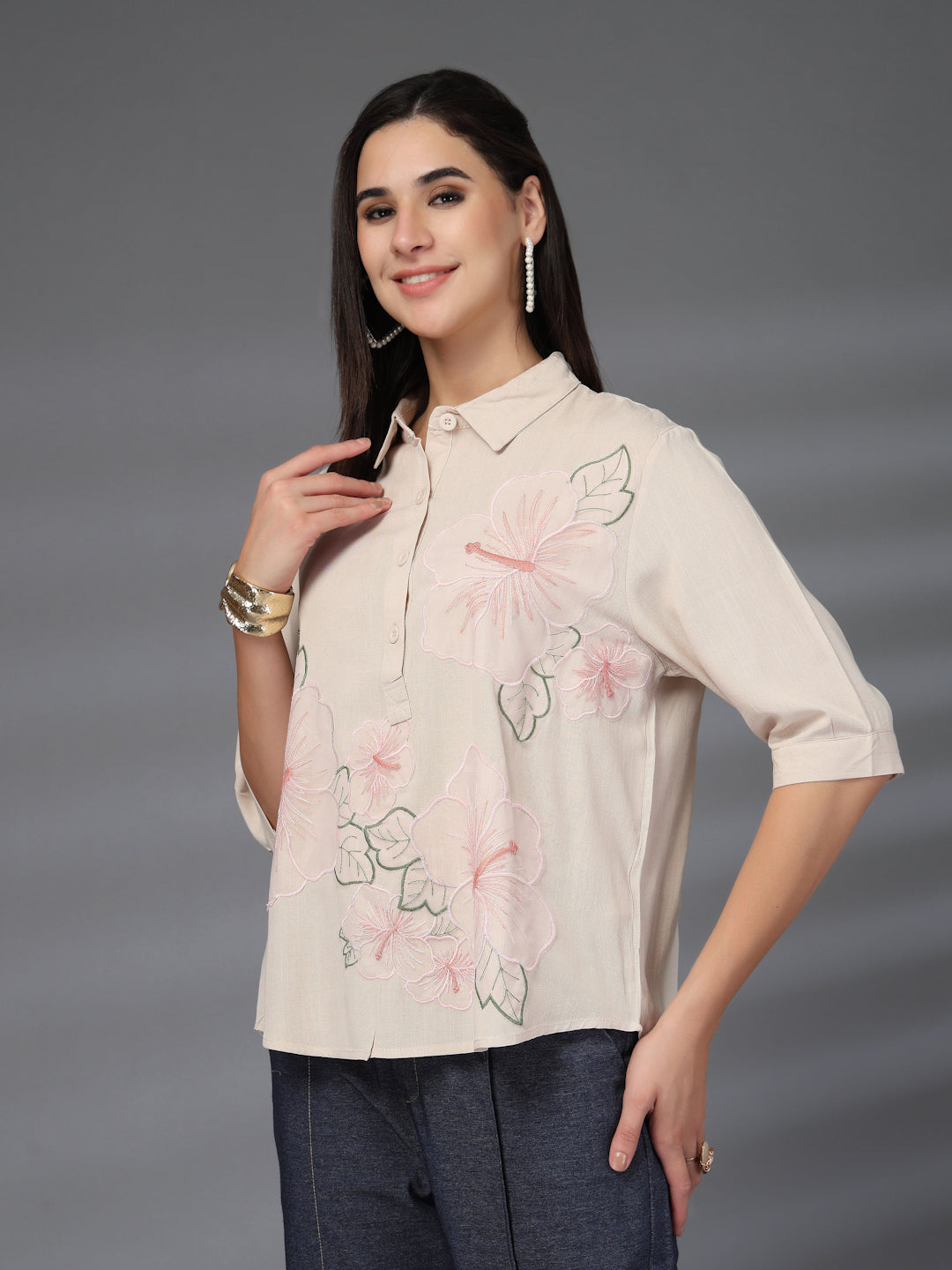Thirty Threads Womens Beige Self Design Collar Neck 3/4 Sleeve Regular Length Shirt