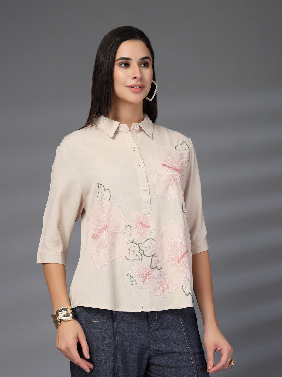 Thirty Threads Womens Peach Self Design Collar Neck 3/4 Sleeve Regular Length Shirt