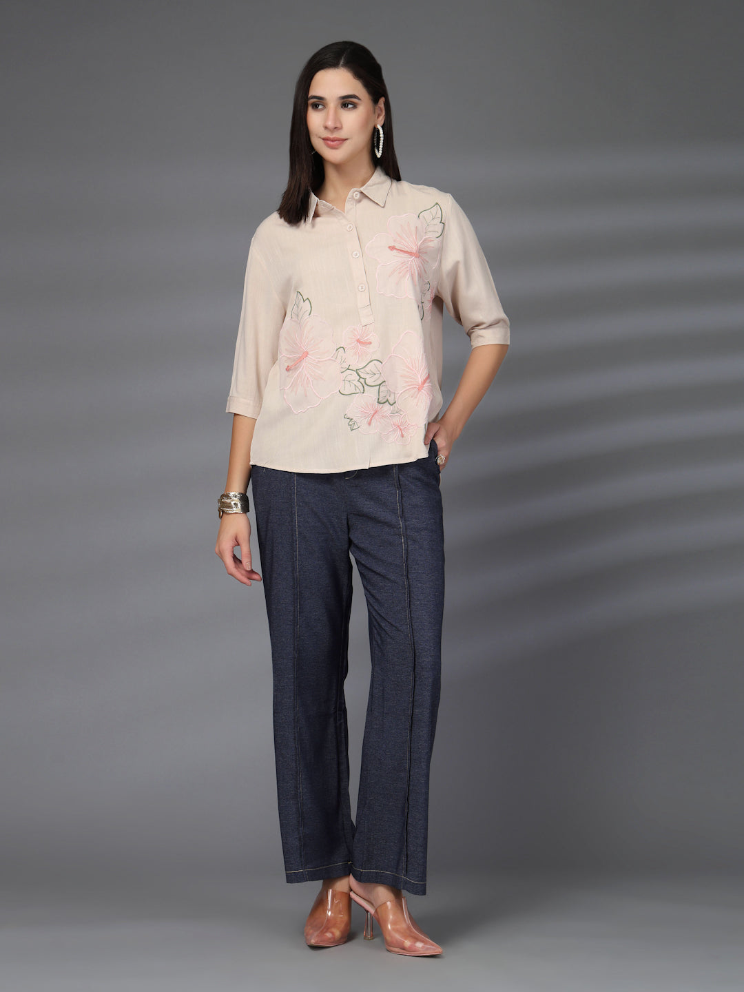 Thirty Threads Womens Beige Self Design Collar Neck 3/4 Sleeve Regular Length Shirt