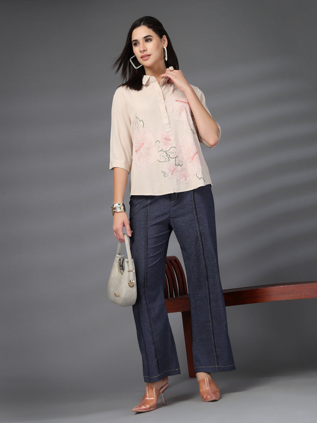 Thirty Threads Womens Beige Self Design Collar Neck 3/4 Sleeve Regular Length Shirt