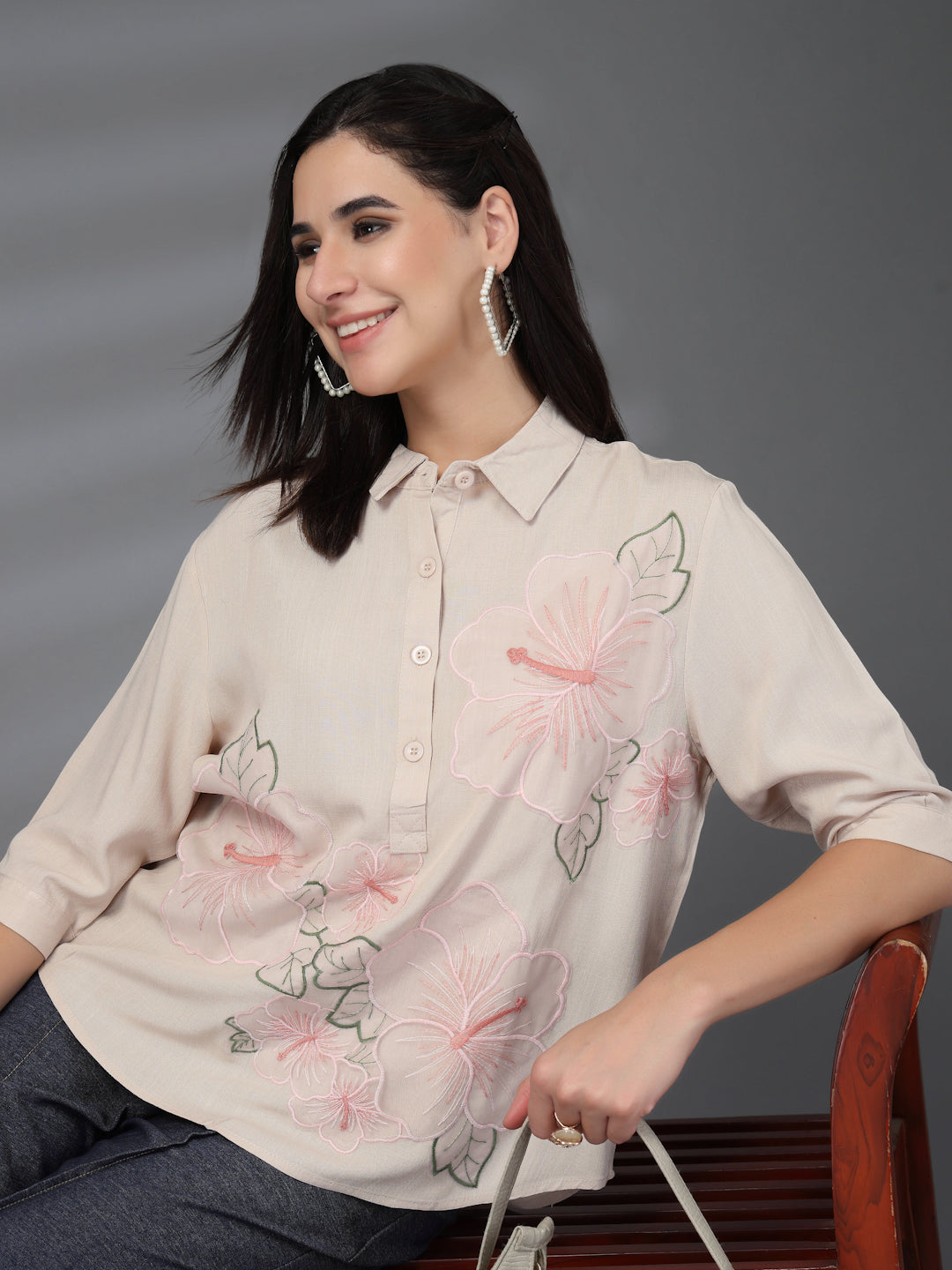 Thirty Threads Womens Beige Self Design Collar Neck 3/4 Sleeve Regular Length Shirt