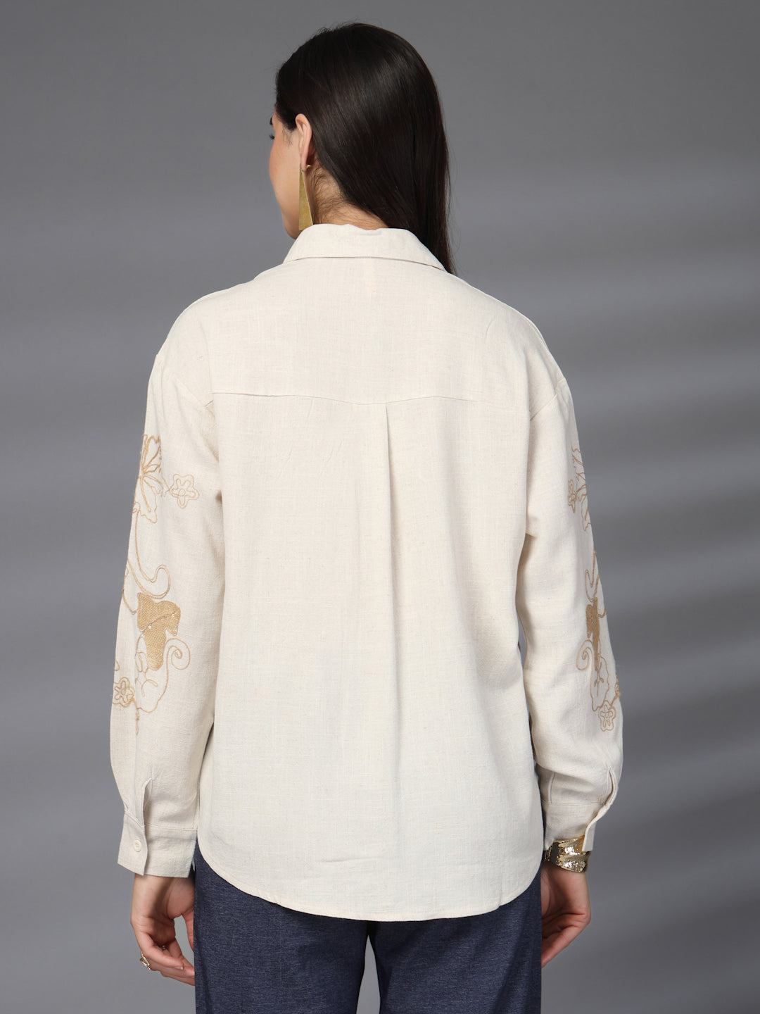 Thirty Threads Womens Beige Embellished Collar Neck Long Sleeve Regular Length