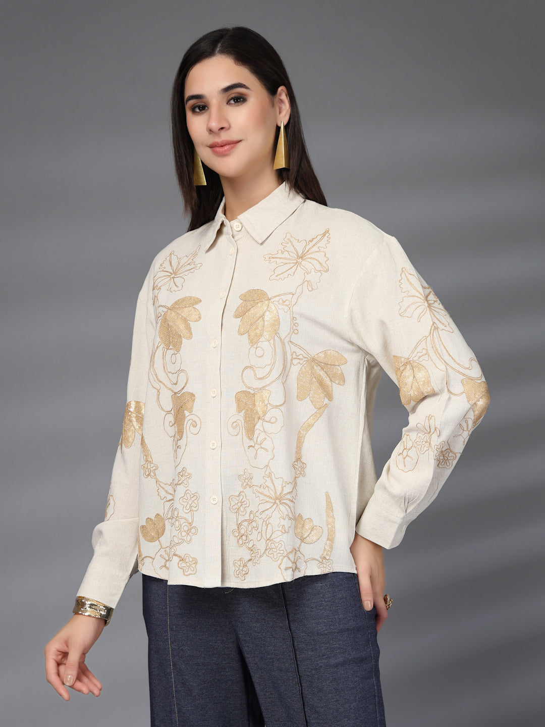 Thirty Threads Womens Beige Embellished Collar Neck Long Sleeve Regular Length