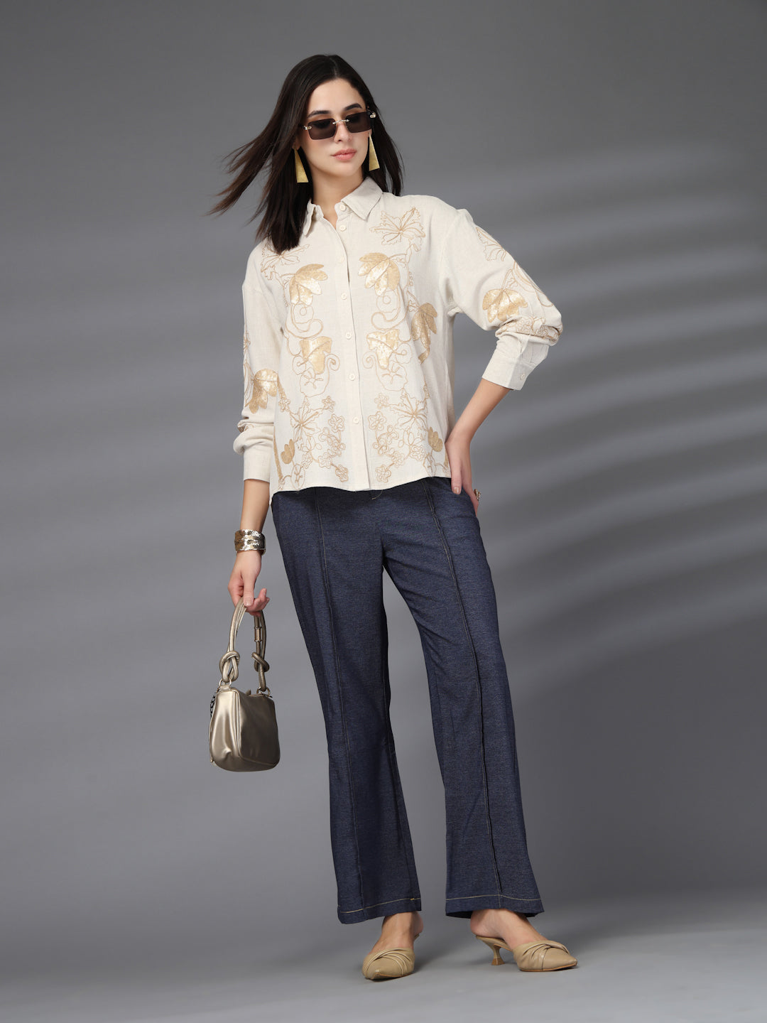 Thirty Threads Womens Blue Embellished Collar Neck Long Sleeve Regular Length