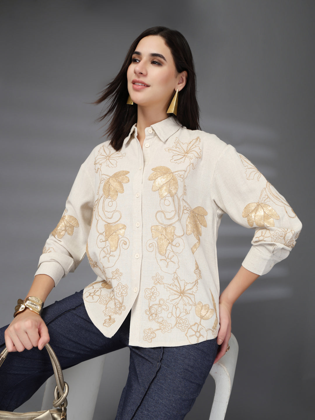 Thirty Threads Womens Beige Embellished Collar Neck Long Sleeve Regular Length