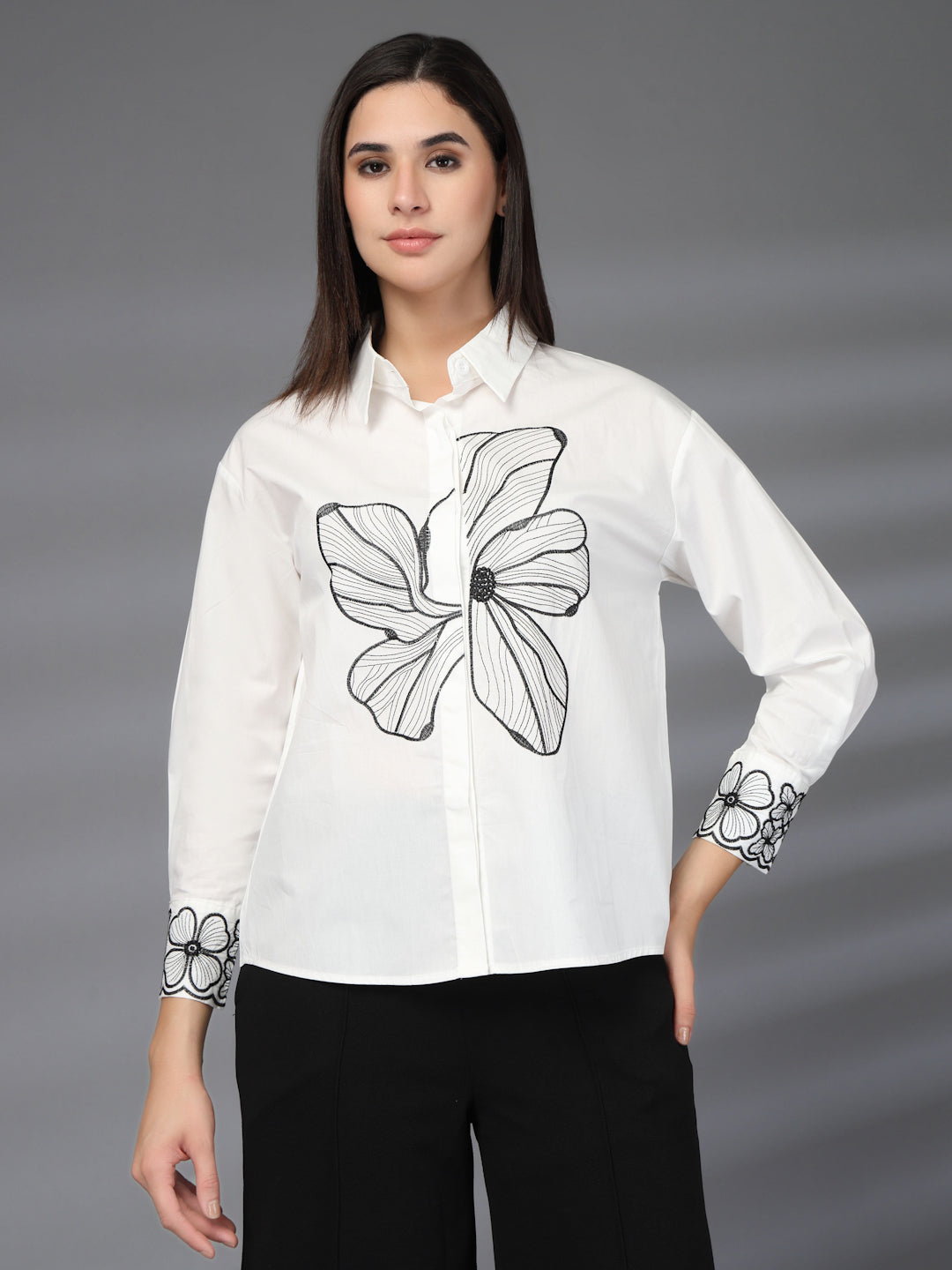 Thirty Threads Womens Coffee Brown Floral Emboirered  Long Sleeve Length Shirt