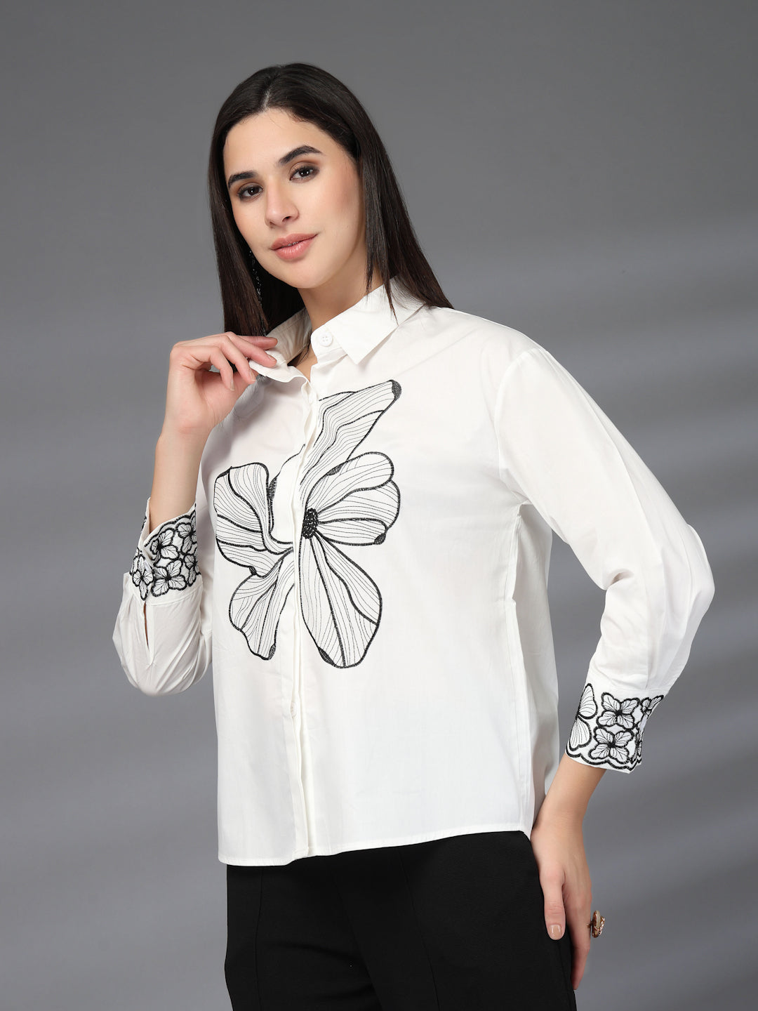 Thirty Threads Womens Coffee Brown Floral Emboirered  Long Sleeve Length Shirt