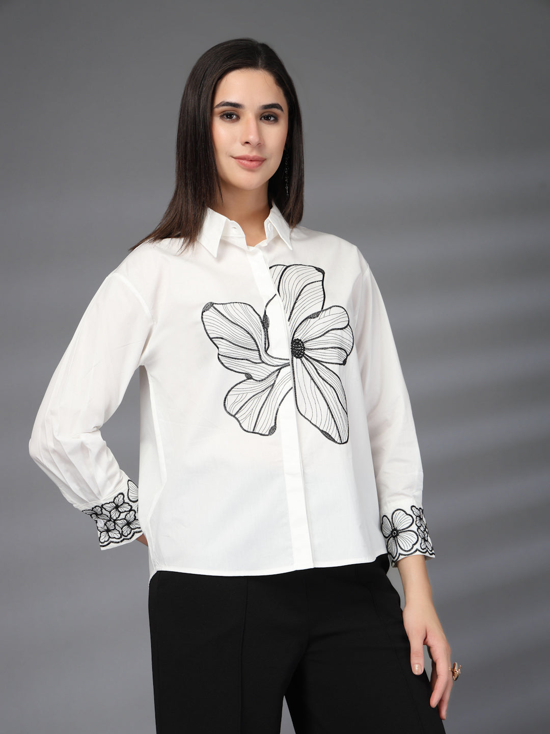 Thirty Threads Womens White Floral Emboirered  Long Sleeve Length Shirt