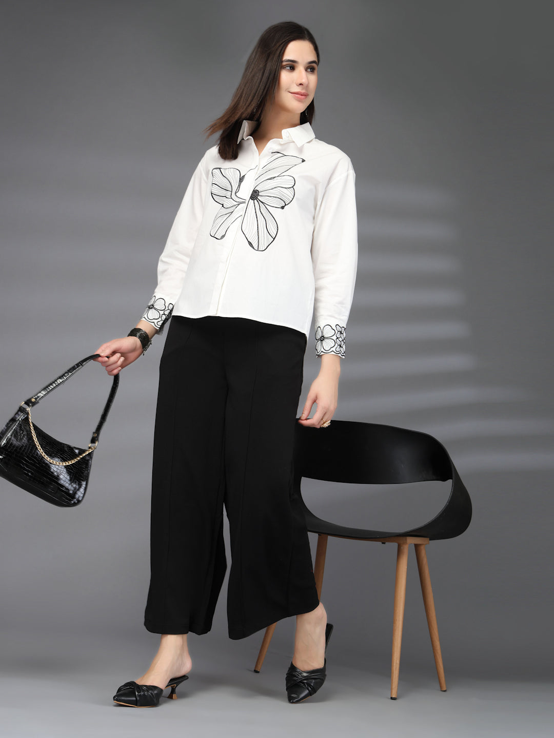 Thirty Threads Womens White Floral Emboirered  Long Sleeve Length Shirt
