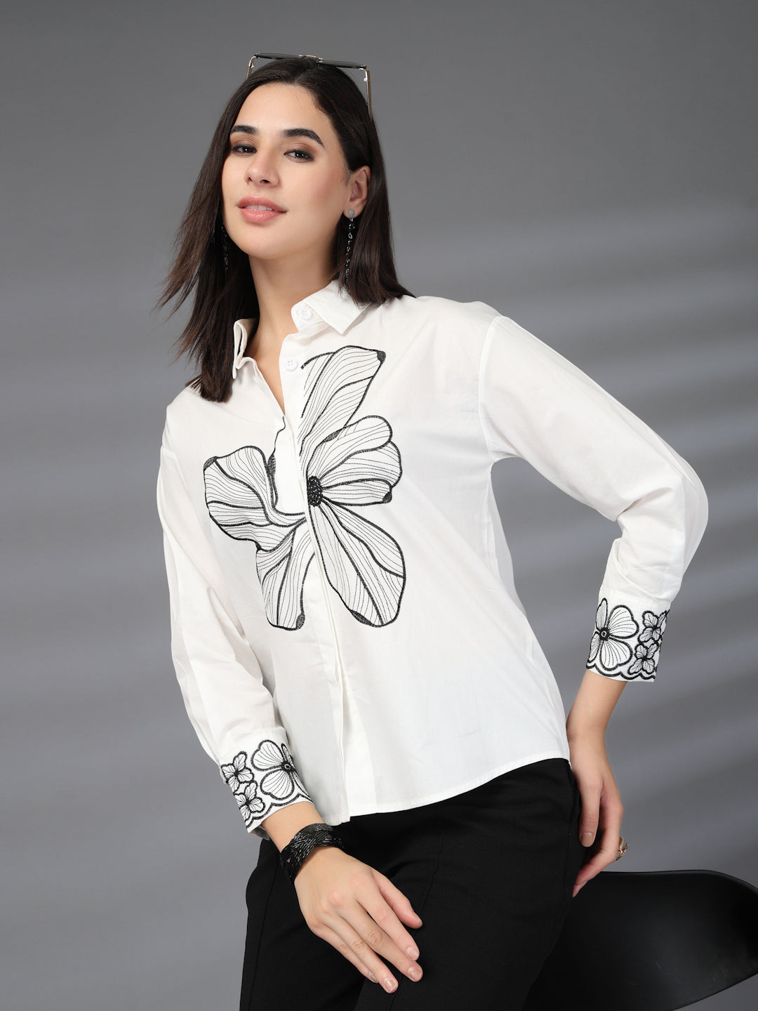 Thirty Threads Womens Coffee Brown Floral Emboirered  Long Sleeve Length Shirt