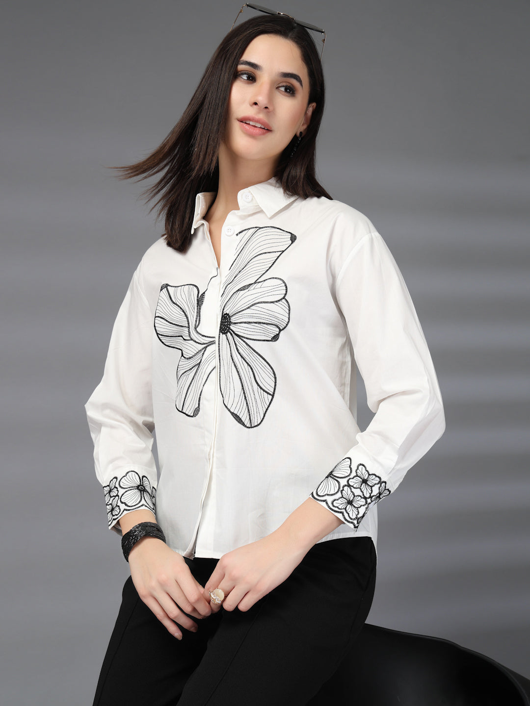 Thirty Threads Womens Coffee Brown Floral Emboirered  Long Sleeve Length Shirt