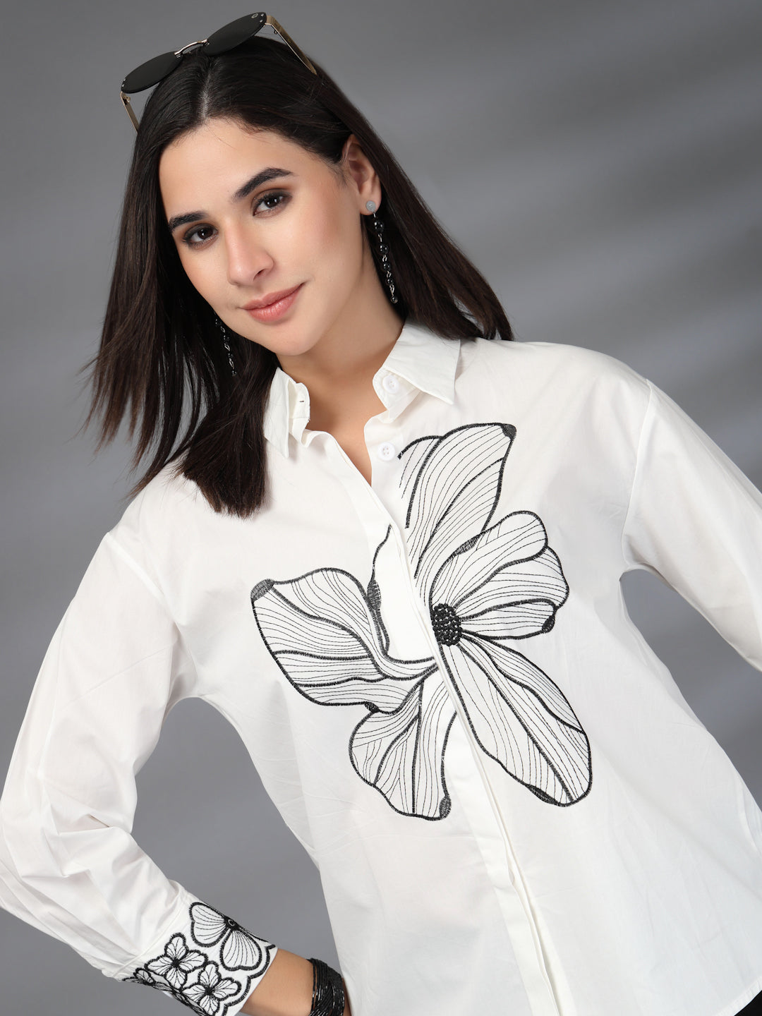 Thirty Threads Womens White Floral Emboirered  Long Sleeve Length Shirt