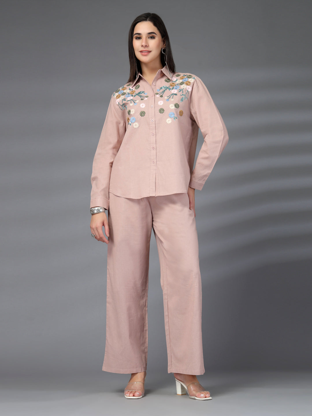 Thirty Threads Womens Pink Embroidered Collar Neck Regular Co-Ord Set
