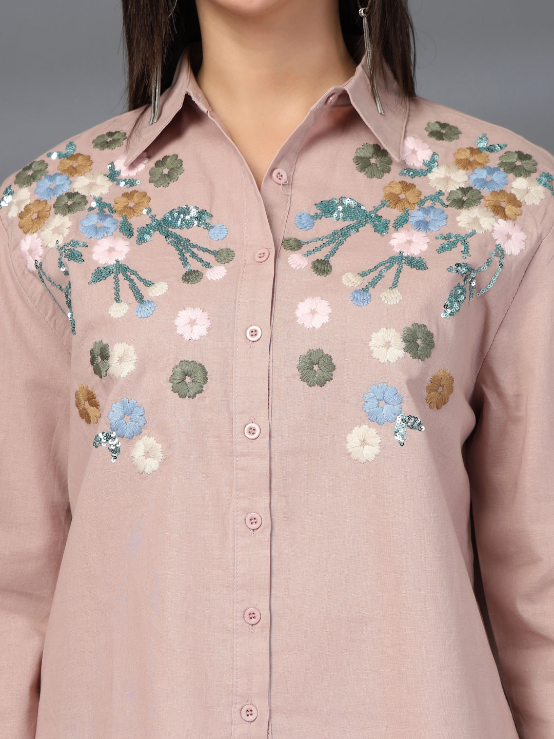 Thirty Threads Womens Pink Embroidered Collar Neck Regular Co-Ord Set