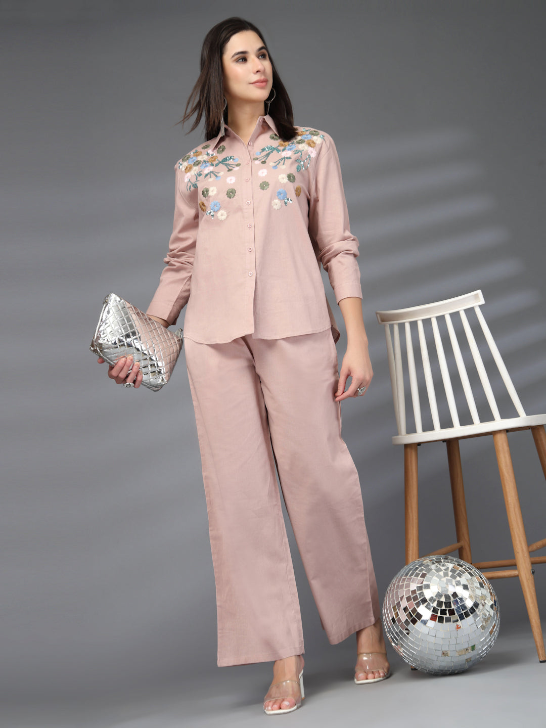 Thirty Threads Womens Brown Embroidered Collar Neck Regular Co-Ord Set