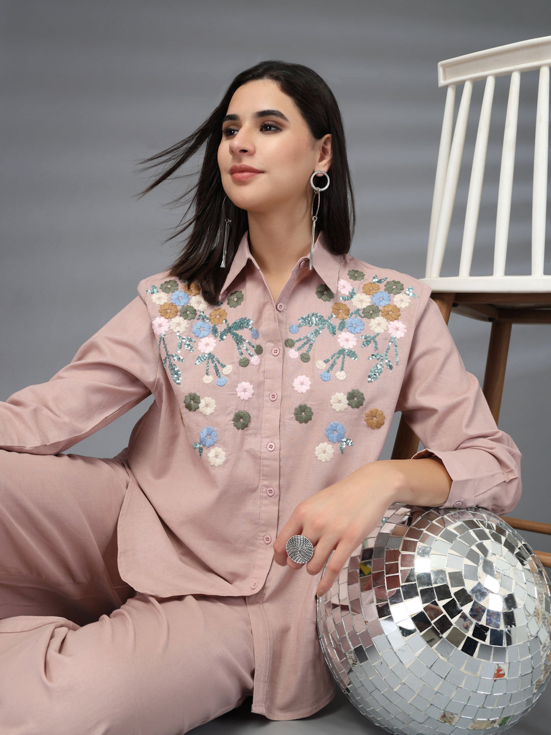 Thirty Threads Womens Pink Embroidered Collar Neck Regular Co-Ord Set