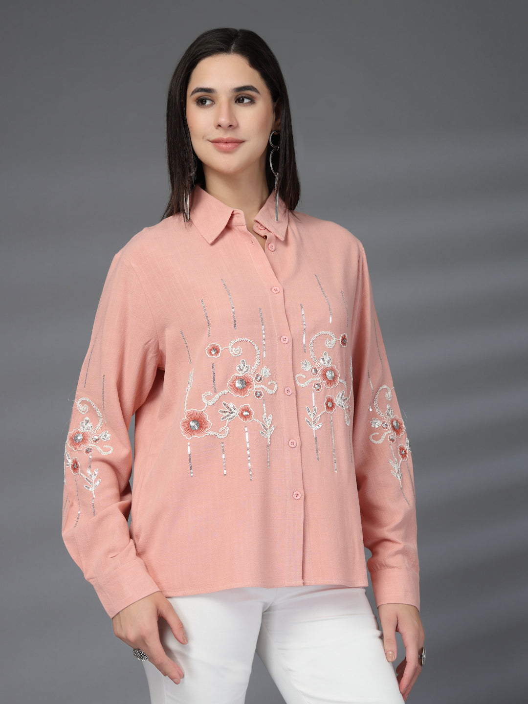 Thirty Threads Womens Pink Emboirered Collar Neck Long Sleeve Regular Length