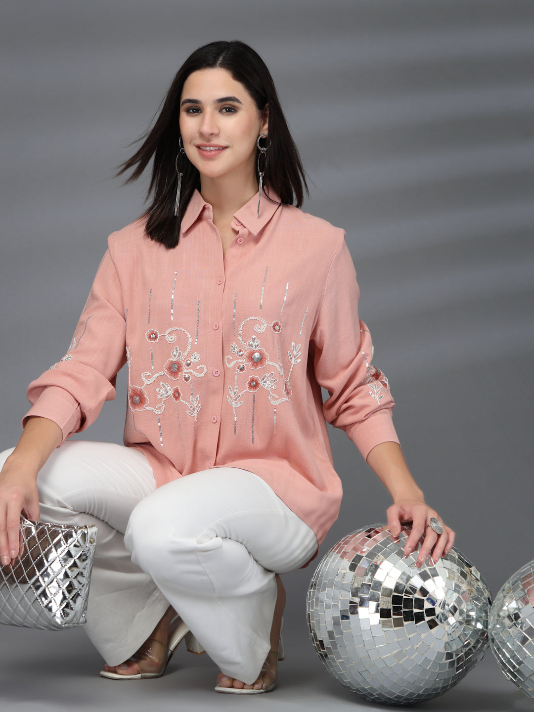 Thirty Threads Womens Beige Emboirered Collar Neck Long Sleeve Regular Length