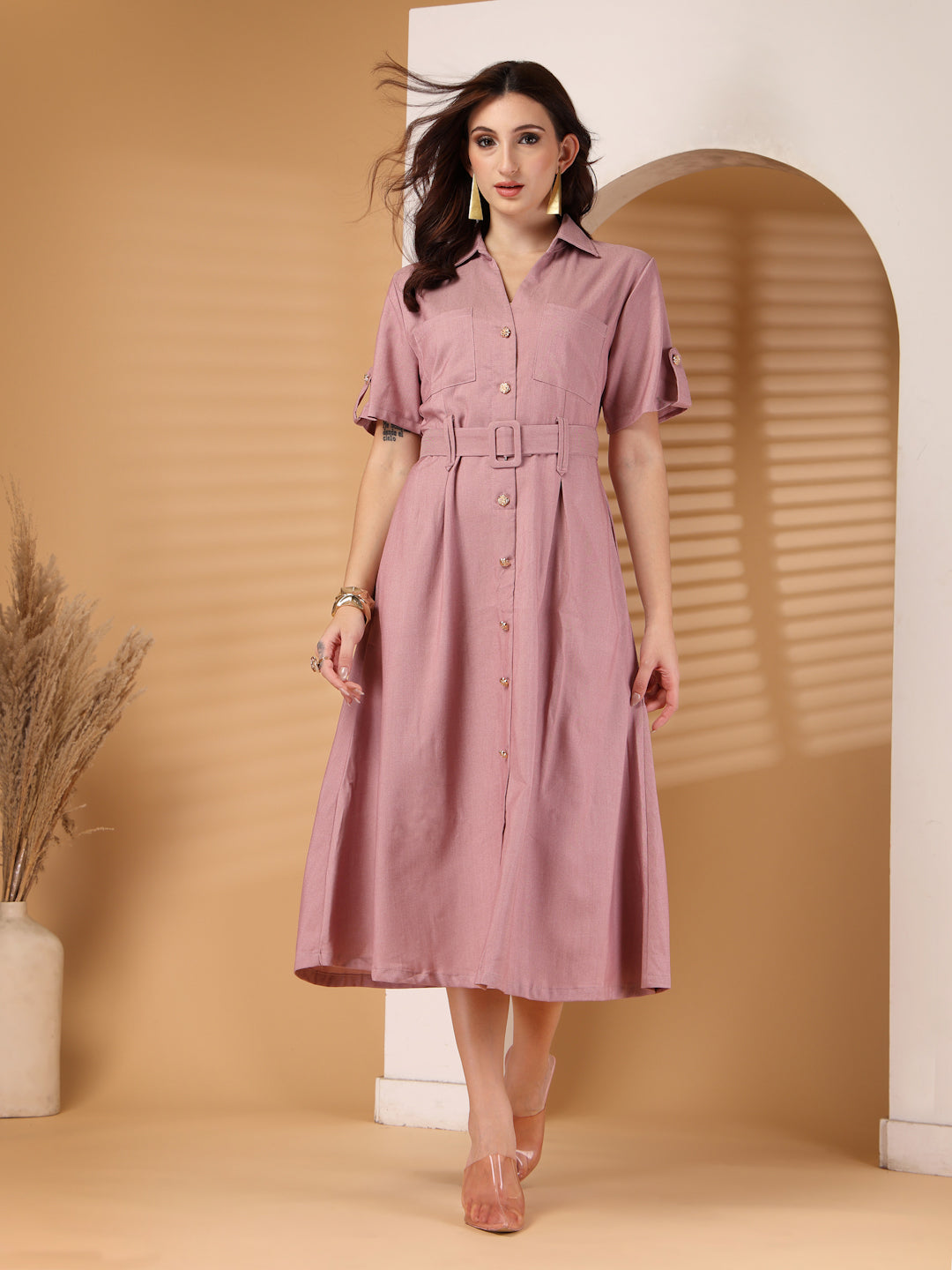 Thirty Threads Denim Blue Solid A-Line Midi Dress