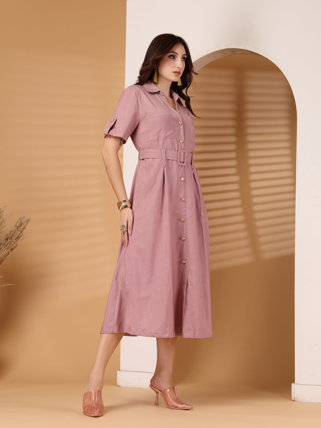Thirty Threads Denim Blue Solid A-Line Midi Dress