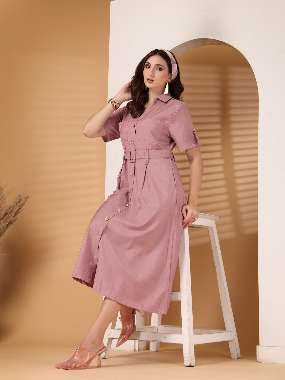 Thirty Threads Denim Blue Solid A-Line Midi Dress