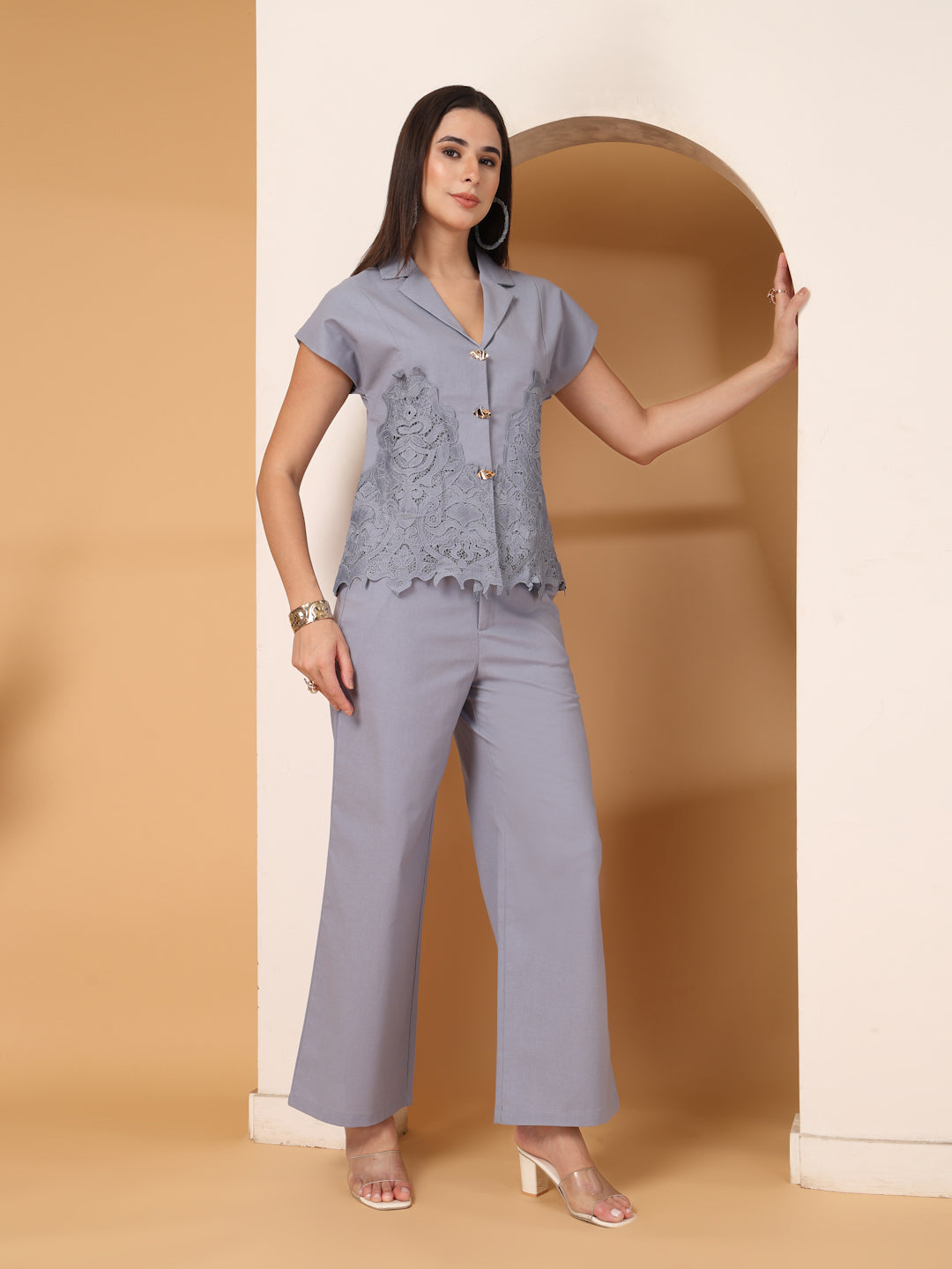 Thirty Threads Womens Sky Blue Embroidered Collar Neck Regular Co-Ord Set