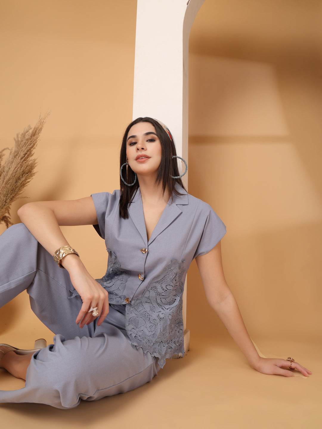 Thirty Threads Womens Pink Embroidered Collar Neck Regular Co-Ord Set