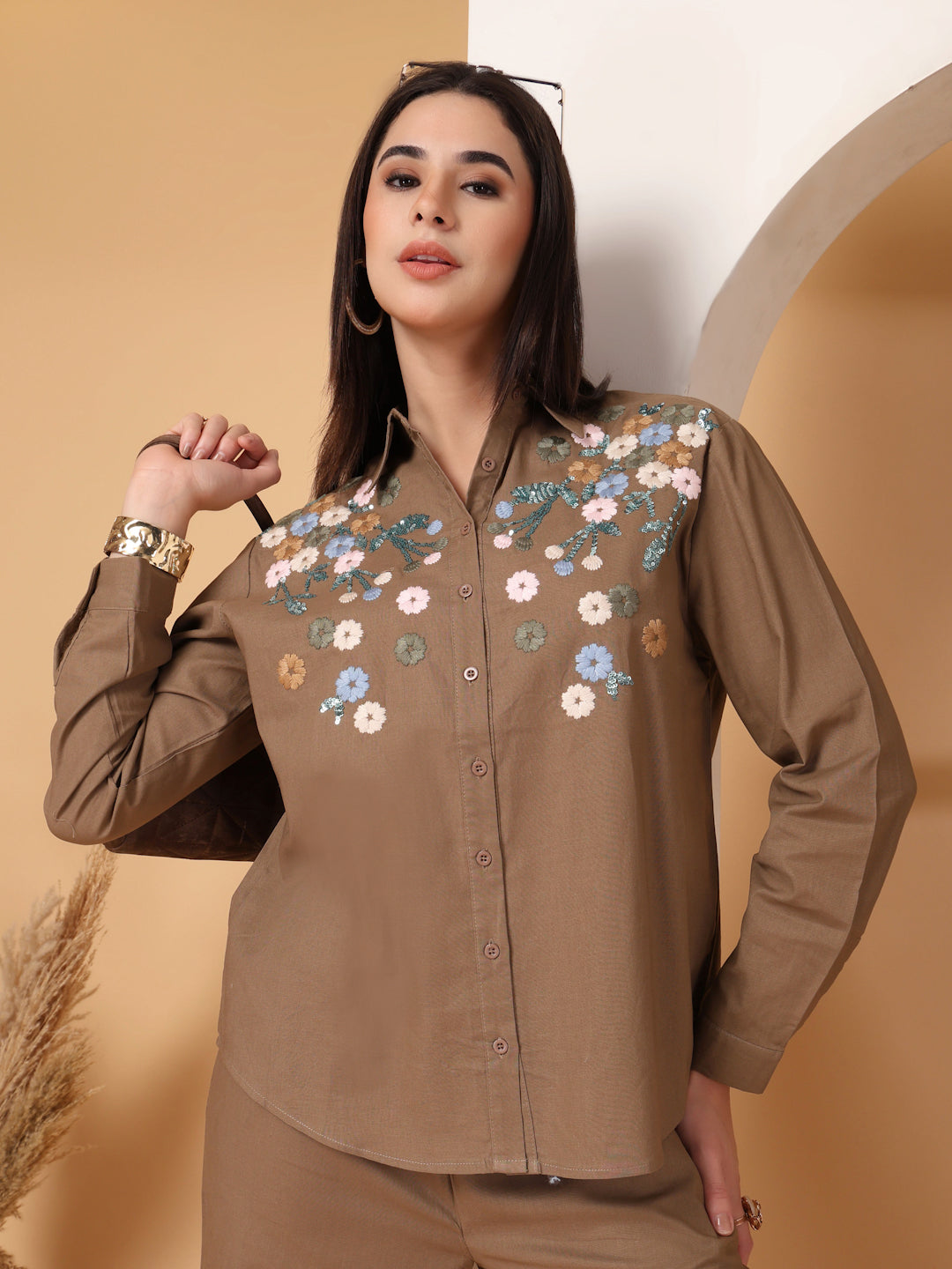 Thirty Threads Womens Pink Embroidered Collar Neck Regular Co-Ord Set