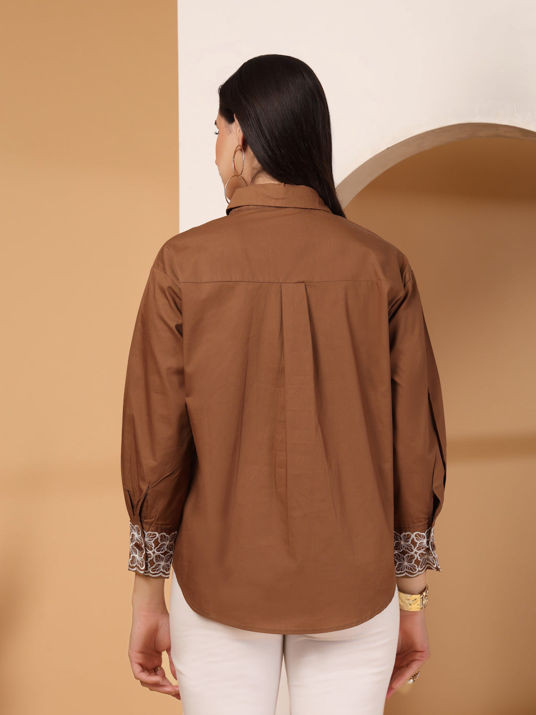 Thirty Threads Womens Coffee Brown Floral Emboirered  Long Sleeve Length Shirt