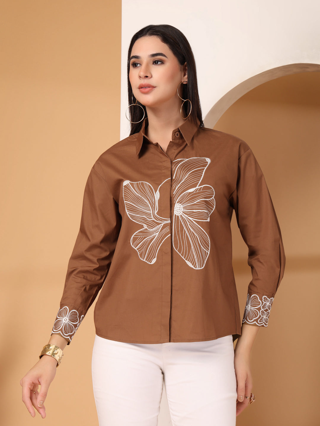 Thirty Threads Womens Coffee Brown Floral Emboirered  Long Sleeve Length Shirt
