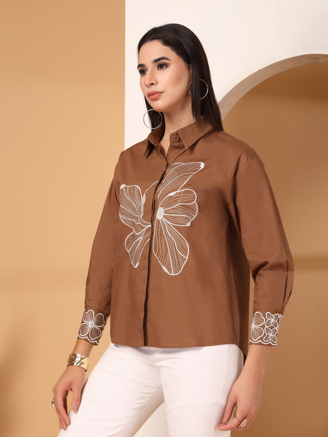 Thirty Threads Womens Coffee Brown Floral Emboirered  Long Sleeve Length Shirt