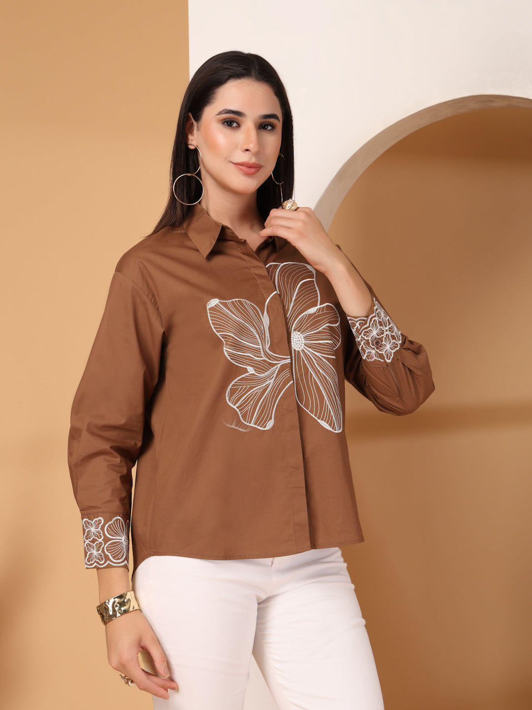 Thirty Threads Womens White Floral Emboirered  Long Sleeve Length Shirt