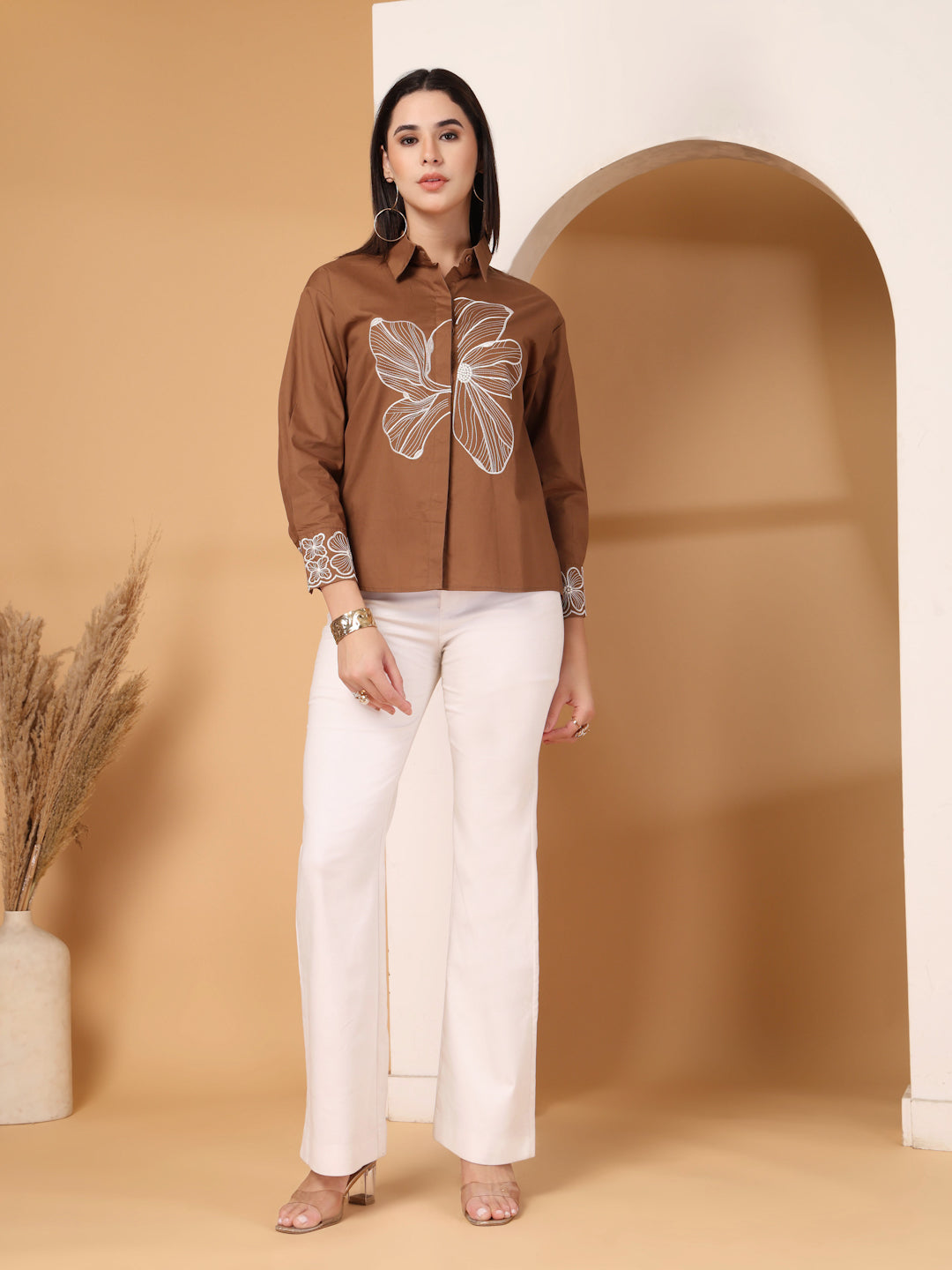 Thirty Threads Womens Coffee Brown Floral Emboirered  Long Sleeve Length Shirt