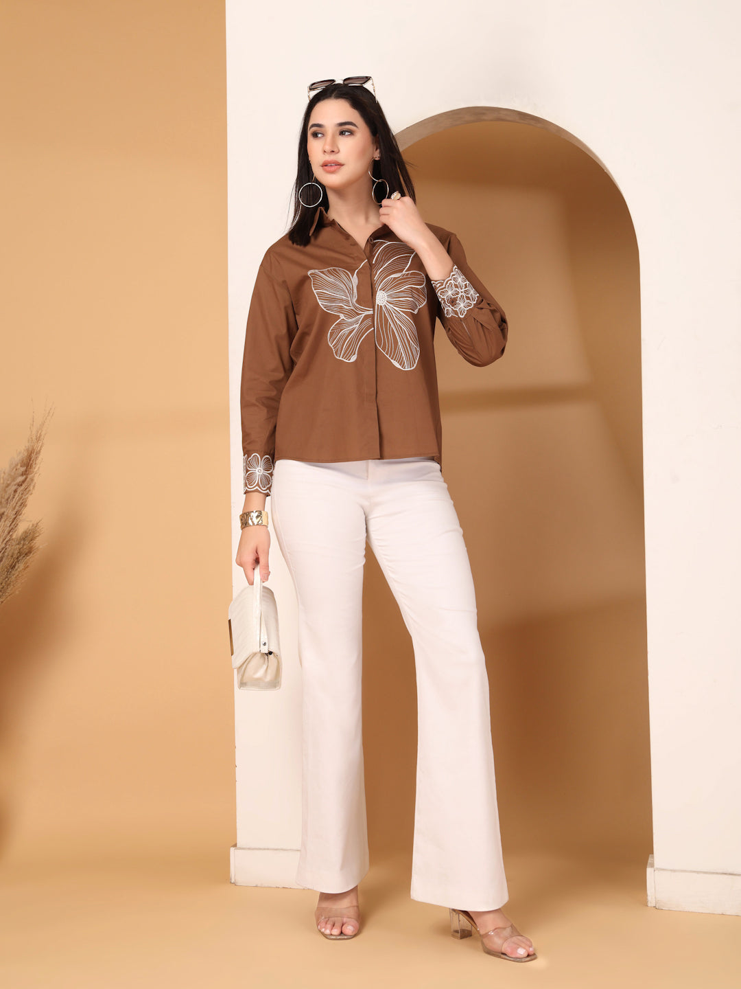 Thirty Threads Womens White Floral Emboirered  Long Sleeve Length Shirt