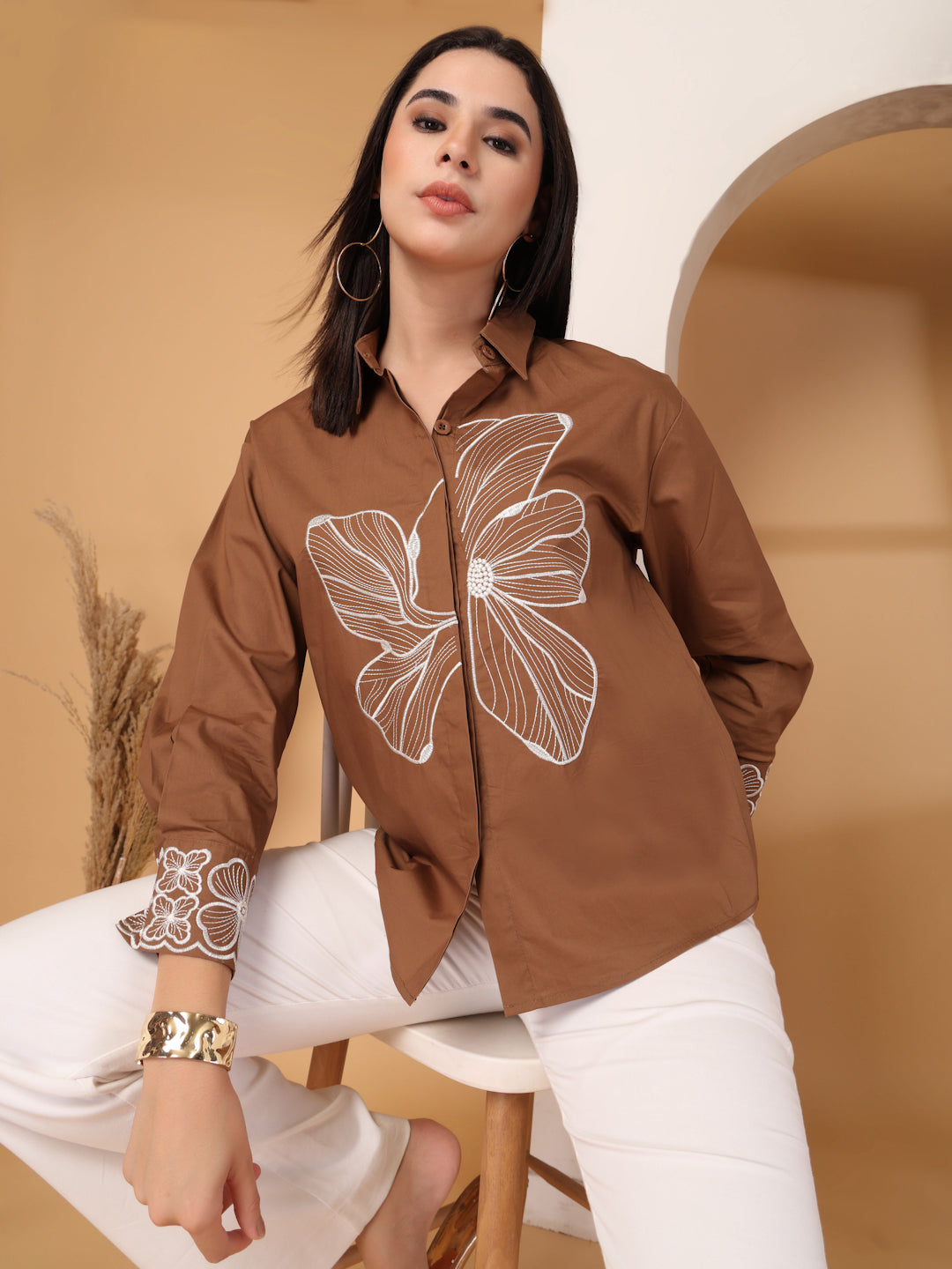 Thirty Threads Womens Coffee Brown Floral Emboirered  Long Sleeve Length Shirt